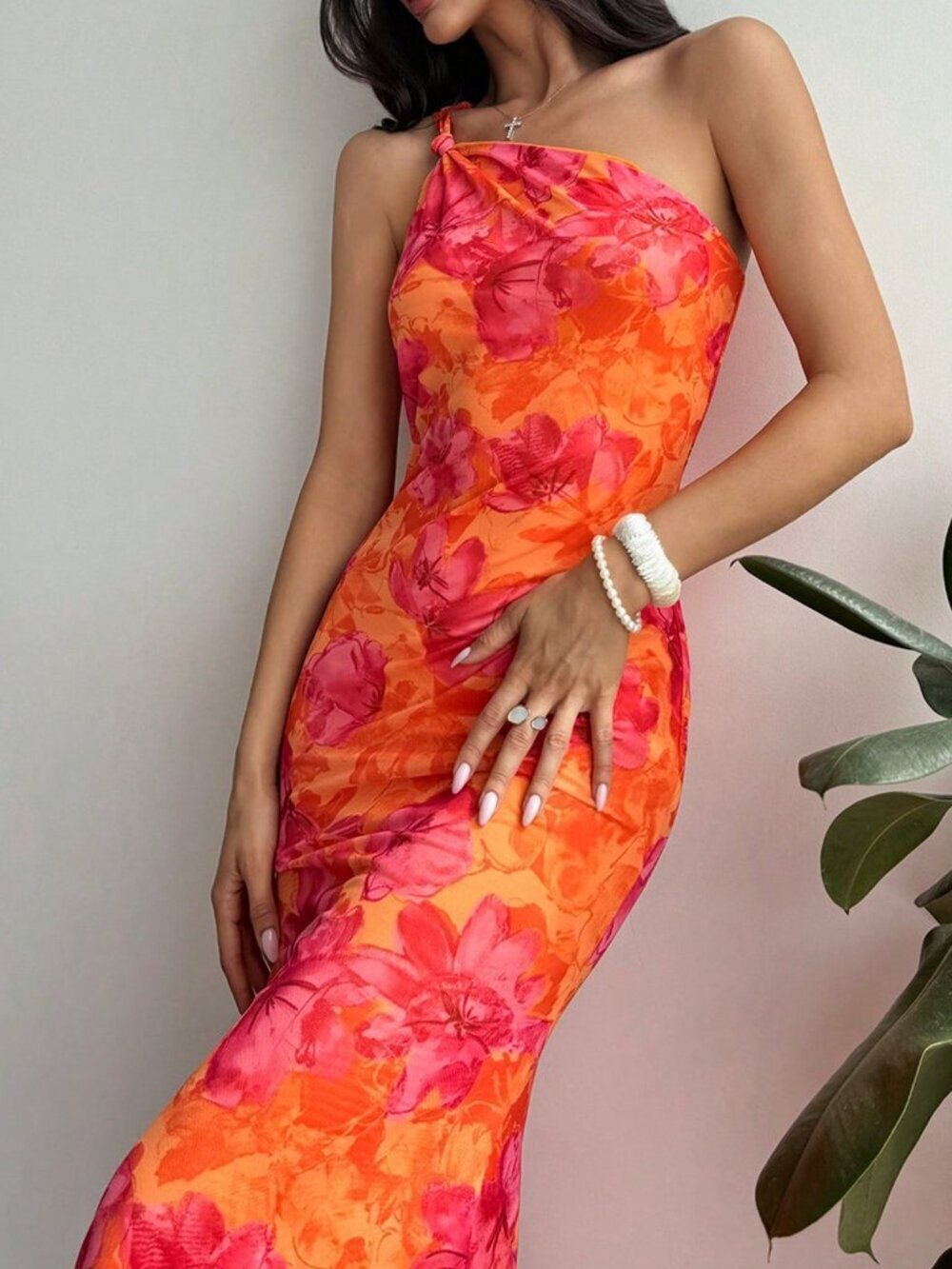Coral Orange Casual Women's Floral Print Bodycon One-Shoulder Twist Knot Dress
